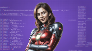 Une personne vêtue d'un costume futuriste rouge et argent se tient avec confiance sur un fond violet avec un code informatique.